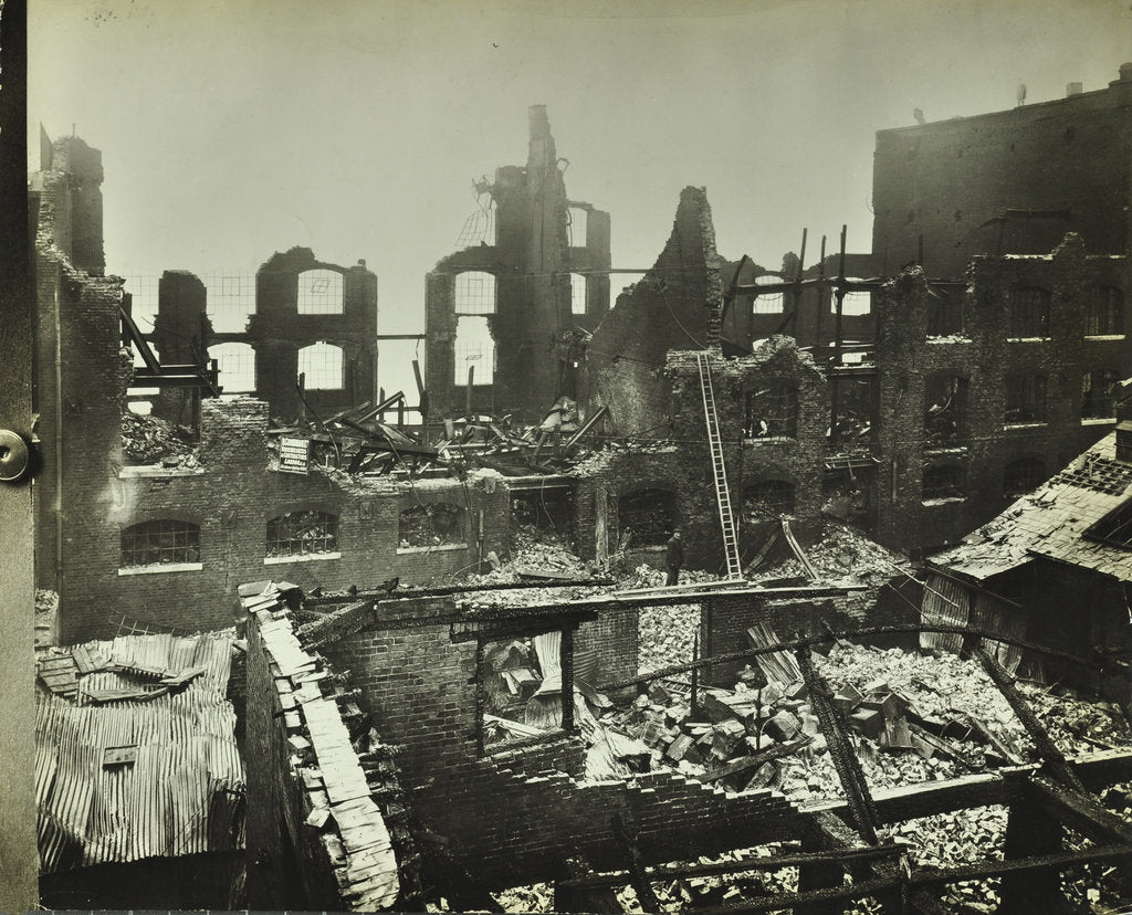 Detail of Burnt-out building, Concordia Wharf, Poplar, London, 1924 by Unknown