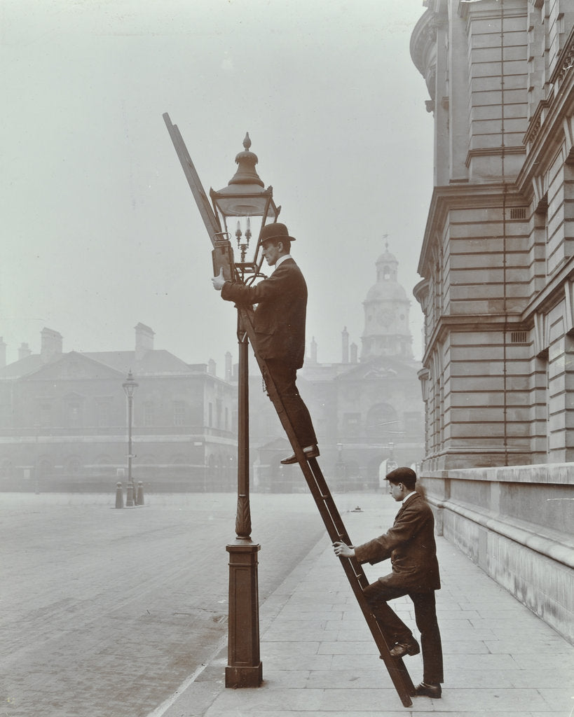 Detail of Testing gas pressure in street lighting, Westminster, London, 1910 by Unknown