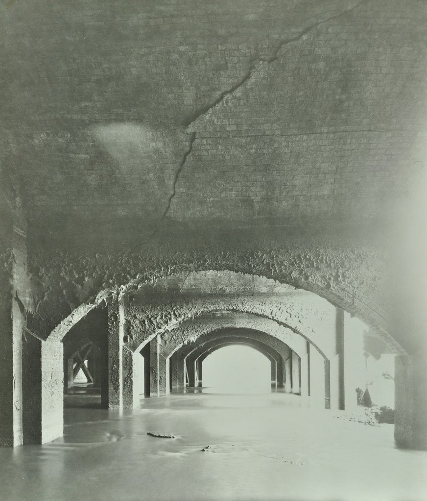 Detail of Cracks in the brickwork from wartime bombing, Beckton Sewage Works, London, 1946 by Unknown