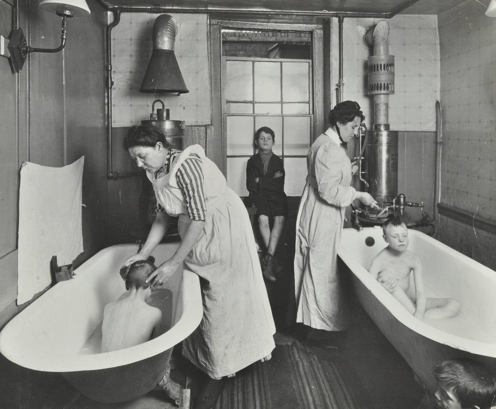 Detail of Attendants bathing boys at the Central Street Cleansing Station, London, 1914 by Unknown