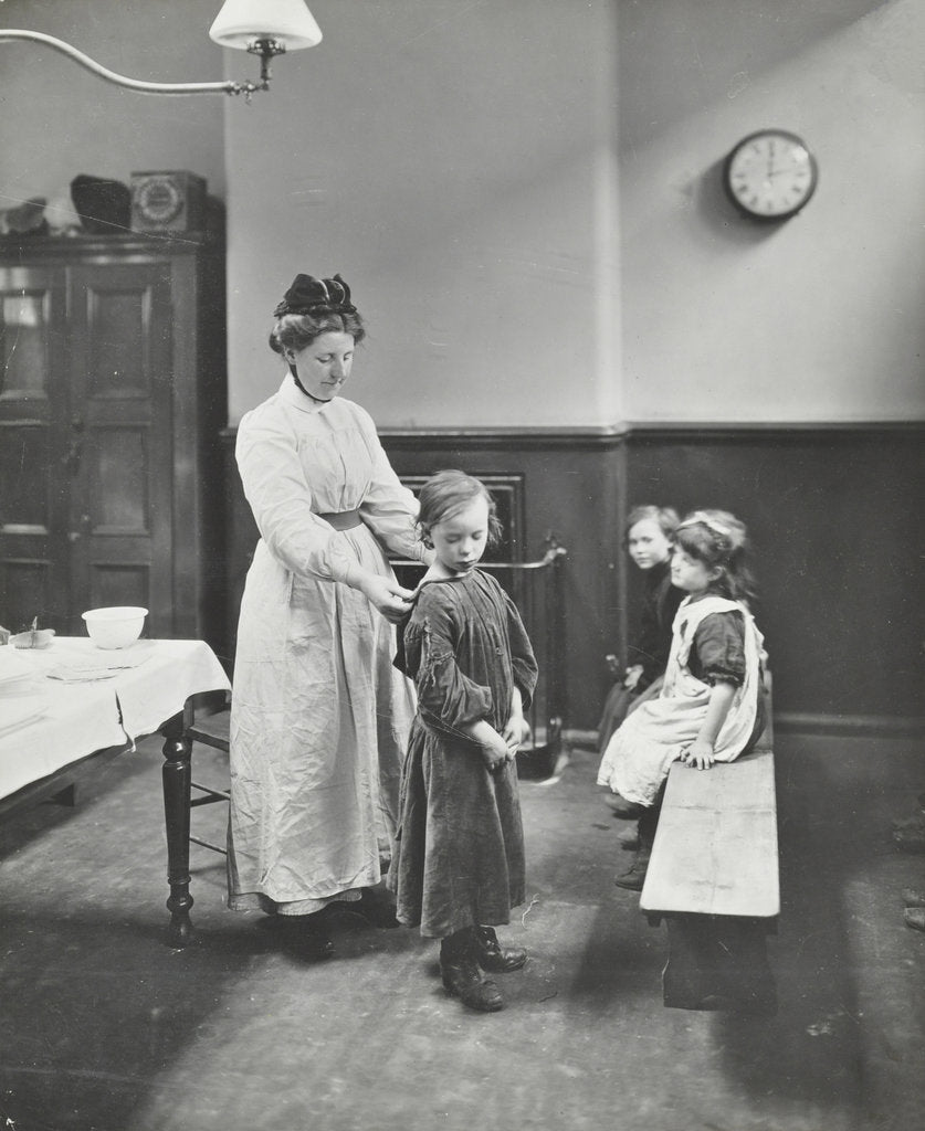 Detail of Nurse examining children before 'cleansing', Chaucer Cleansing Station, London, 1911 by Unknown