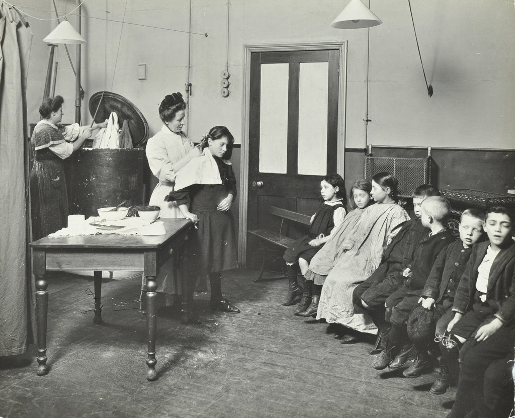 Detail of Nurse cutting children's verminous hair, Finch Street Cleansing Station, London, 1911 by Unknown