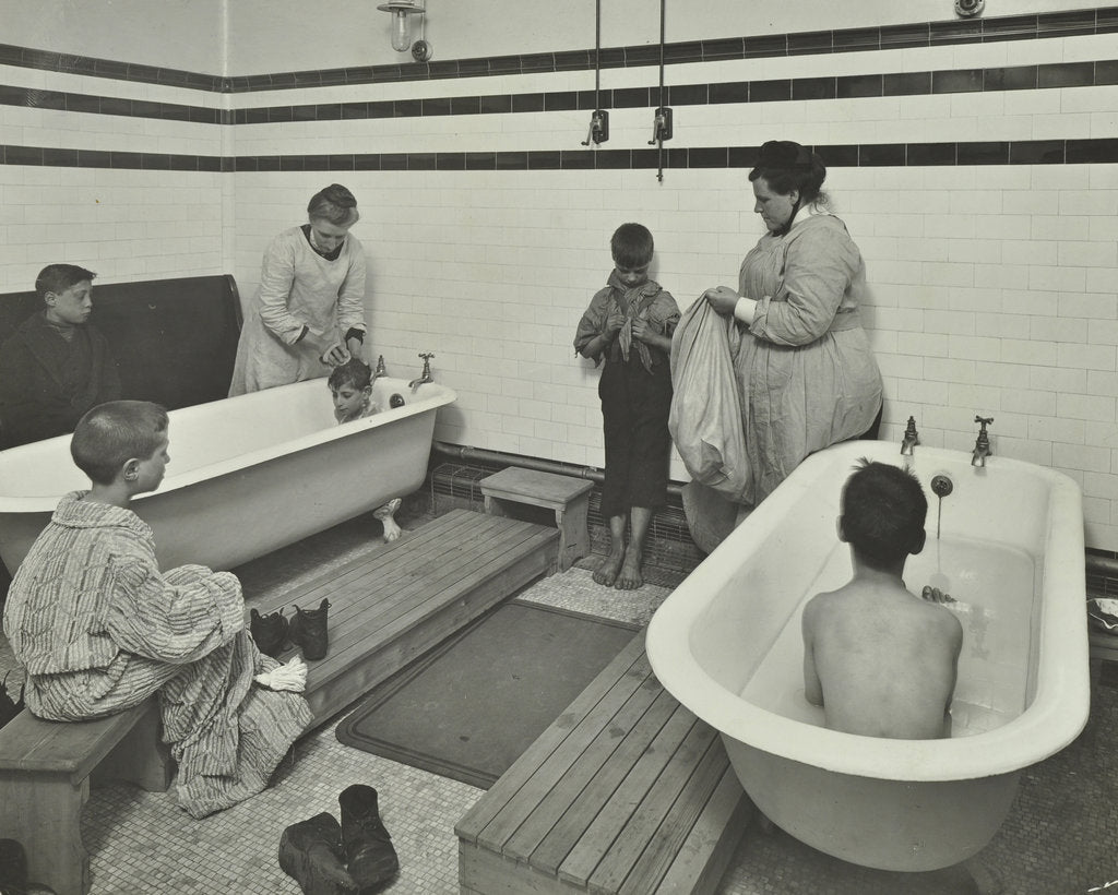 Detail of Attendants bathing boys at the Sun Court Cleansing Station, London, 1914 by Unknown