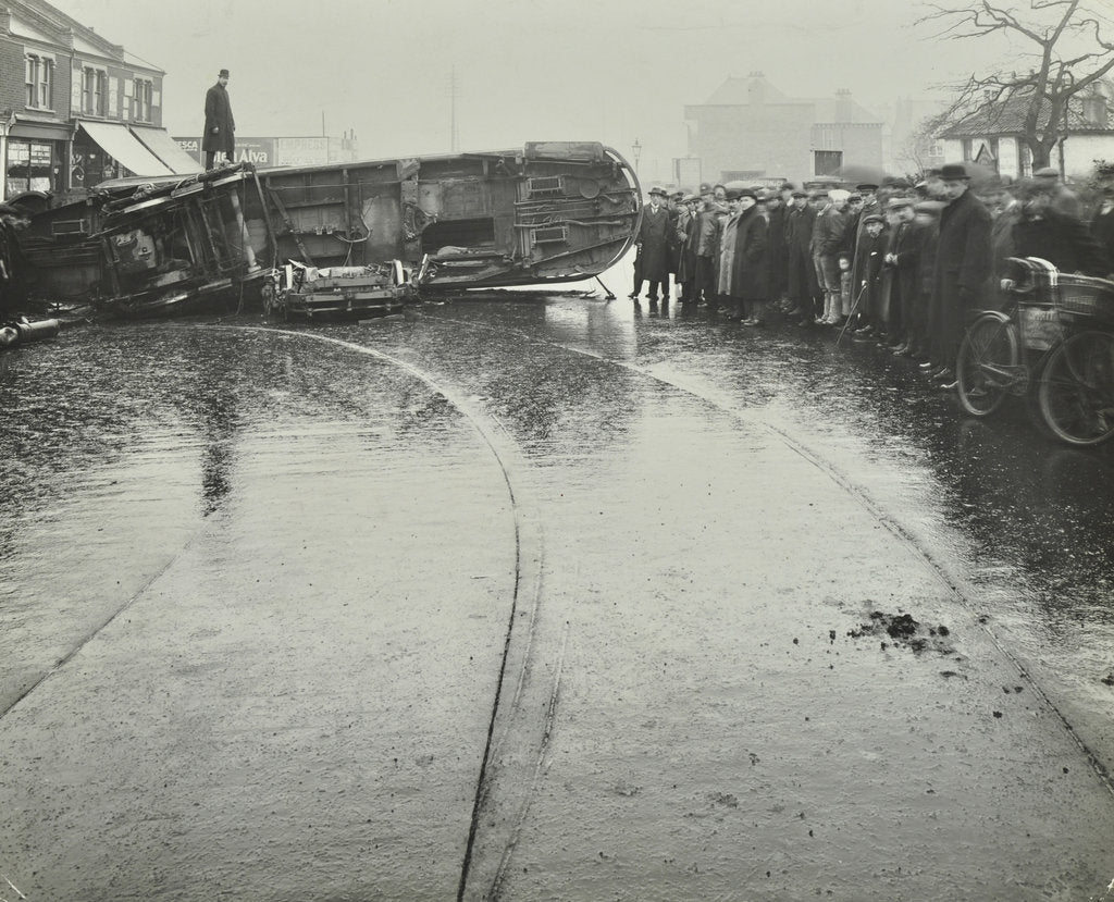 Detail of Overturned electric tram and onlookers, London, 1913 by Unknown