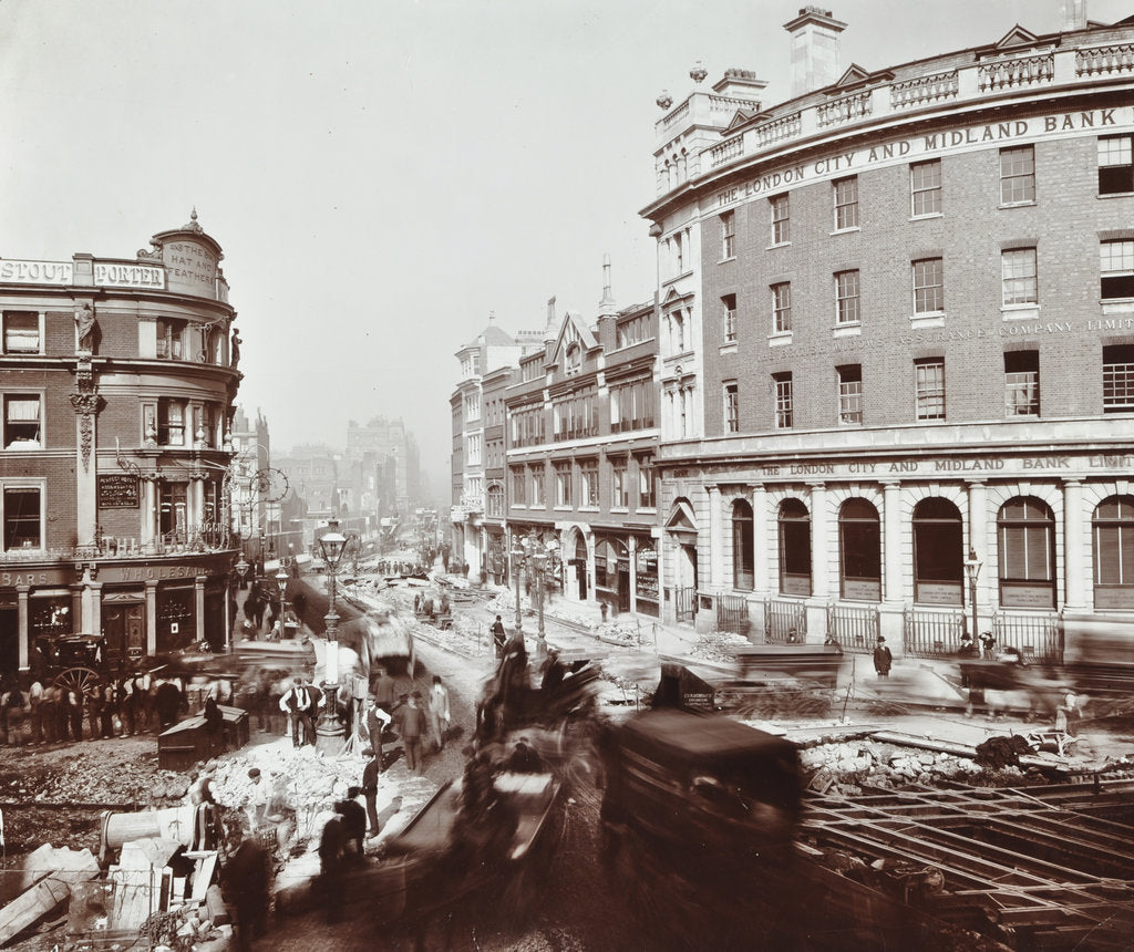 Detail of Tramway electrification at the junction of Goswell Road and Old Street, London, 1906 by Unknown