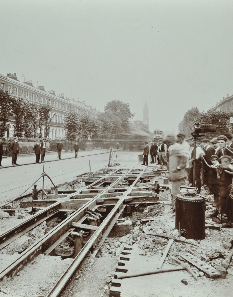 Detail of Workmen extending tramlines, Brixton Road, London, 1907 by Unknown