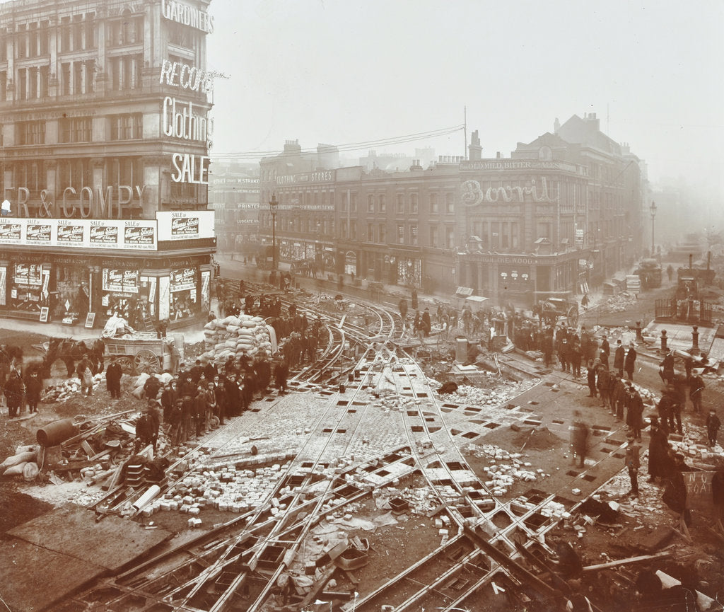 Detail of Laying tramlines at the junction of Whitechapel High Street and Commercial Road, London, 1907 by Unknown