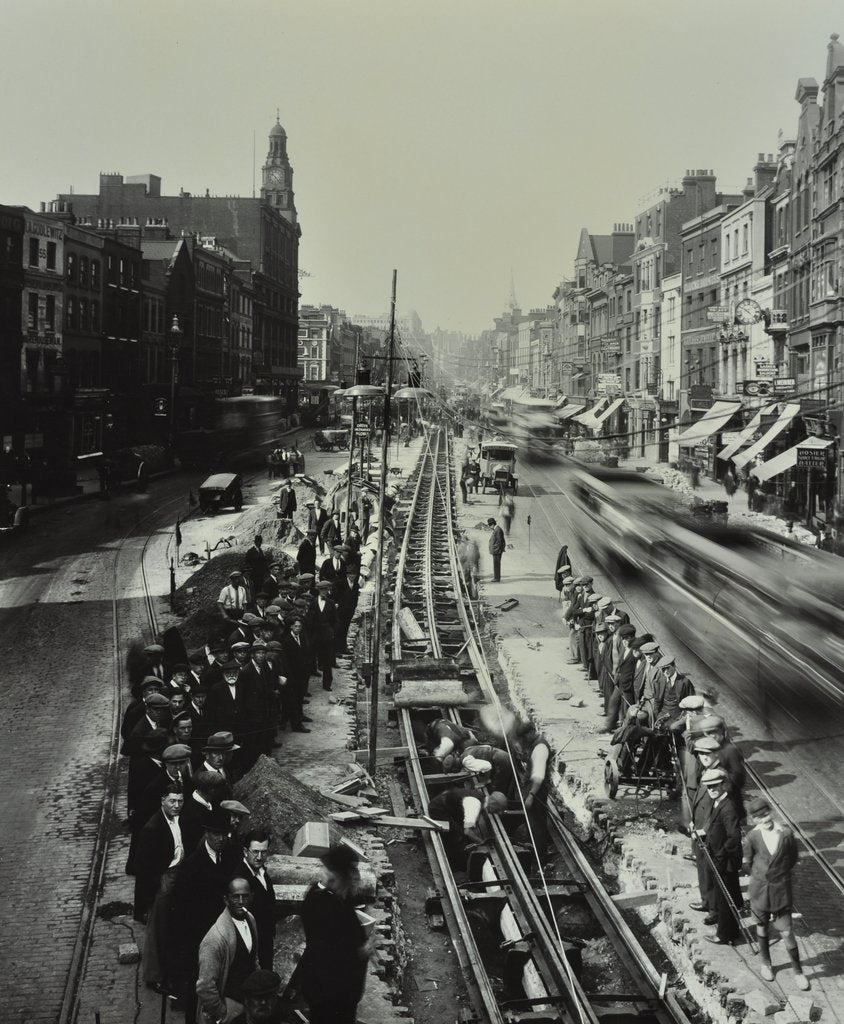 Detail of Tramline being laid in the middle of the road, Whitechapel High Street, London, 1929 by Unknown