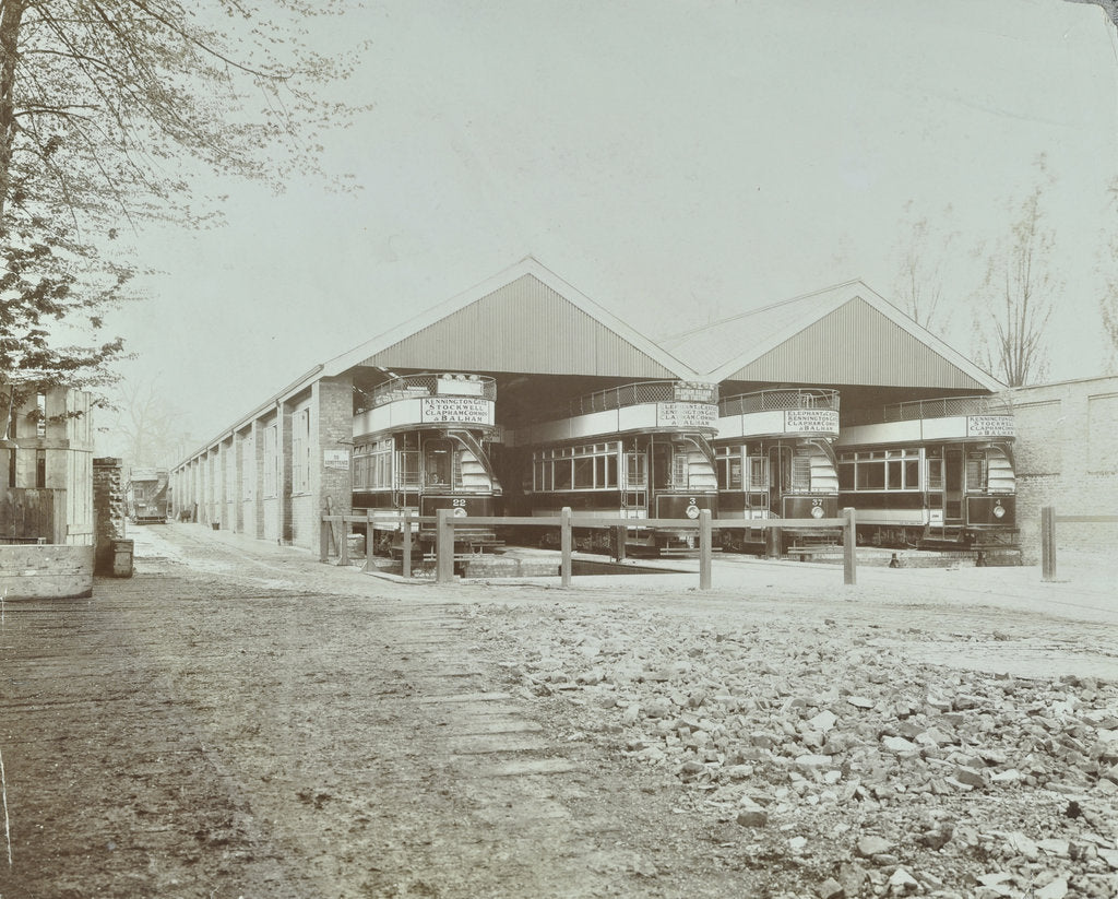 Detail of Trams in Balham Car Shed, Wandsworth, London, 1903 by Unknown