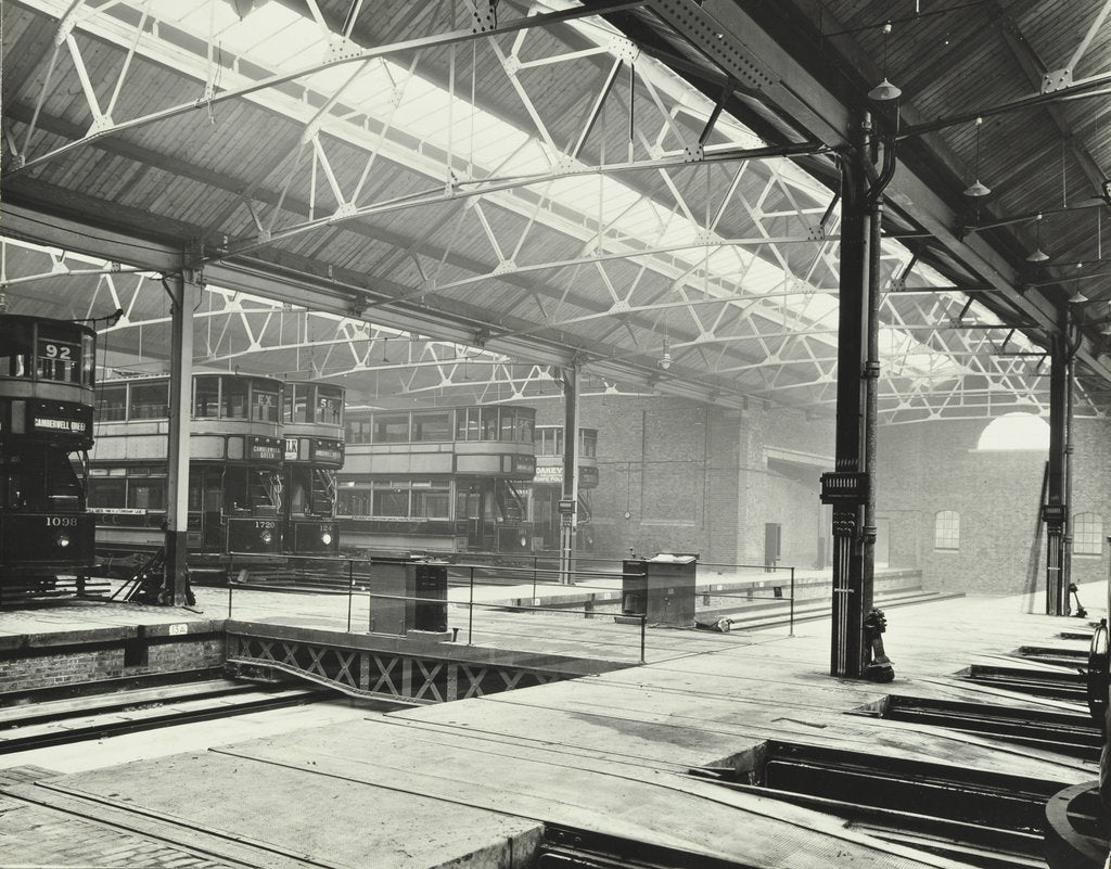 Detail of Camberwell Car Shed and trams, London, 1914 by Unknown