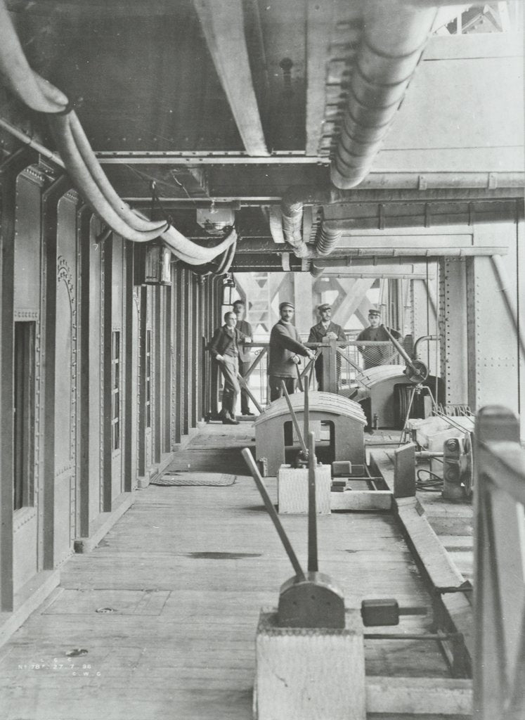 Detail of Men on the Hydraulic Lever Platform of the Woolwich Ferry, London, 1896 by Unknown