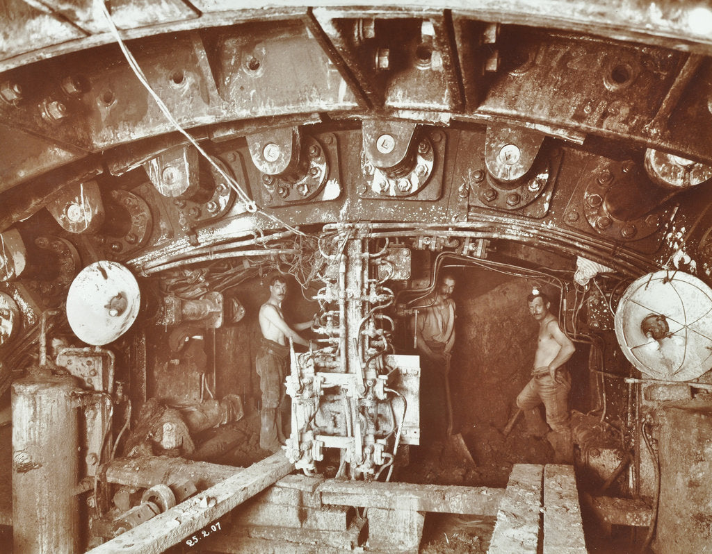 Detail of Miners at work on the construction of the Rotherhithe Tunnel, Bermondsey, London, February 1907 by Unknown