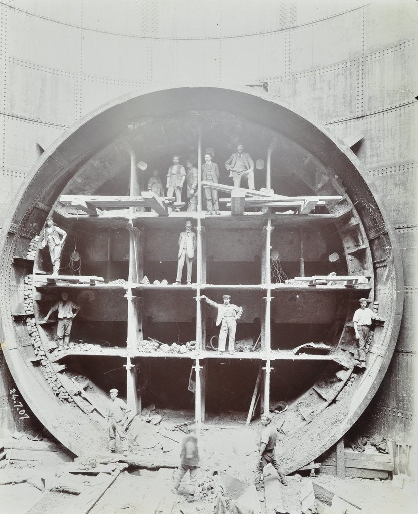 Detail of Men standing in the shield used to cut Rotherhithe Tunnel, Bermondsey, London, July 1907 by Unknown