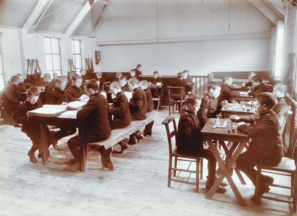 Detail of Boys playing dominoes and reading at the Boys Home Industrial School, London, 1900 by Unknown