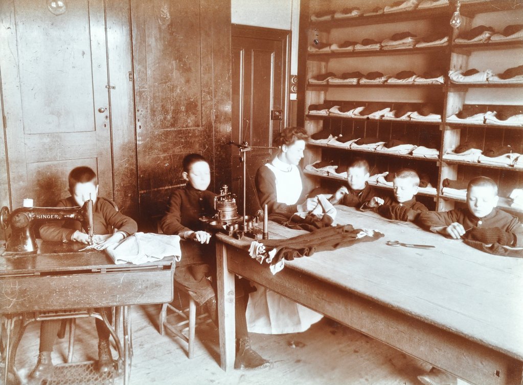 Detail of Boys sewing at the Boys Home Industrial School, London, 1900 by Unknown