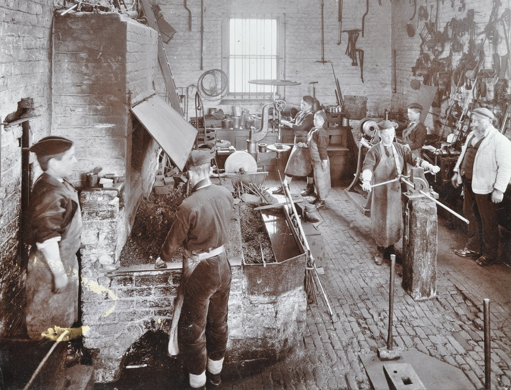 Detail of Boys at work in the smith's shop, Feltham Industrial School, London, 1908 by Unknown