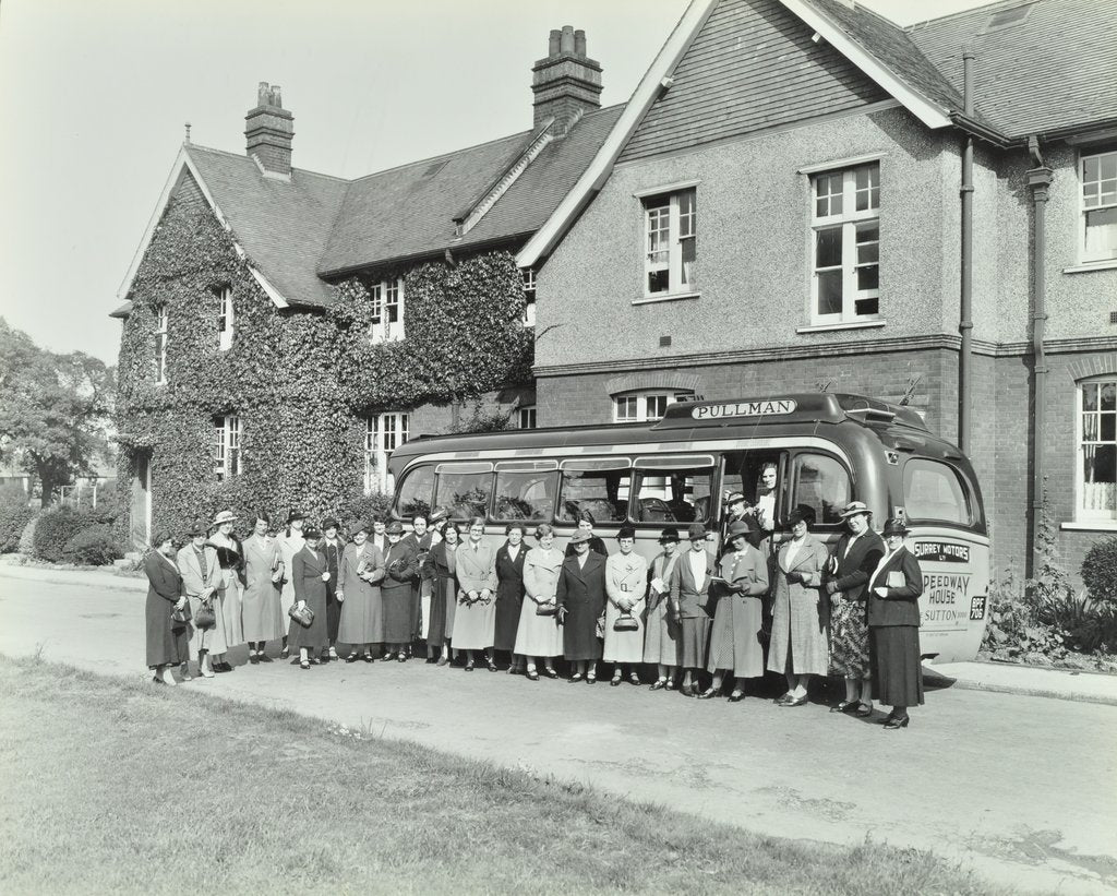 Detail of Group of women visitors in front of a school, Croydon, 1937 by Unknown