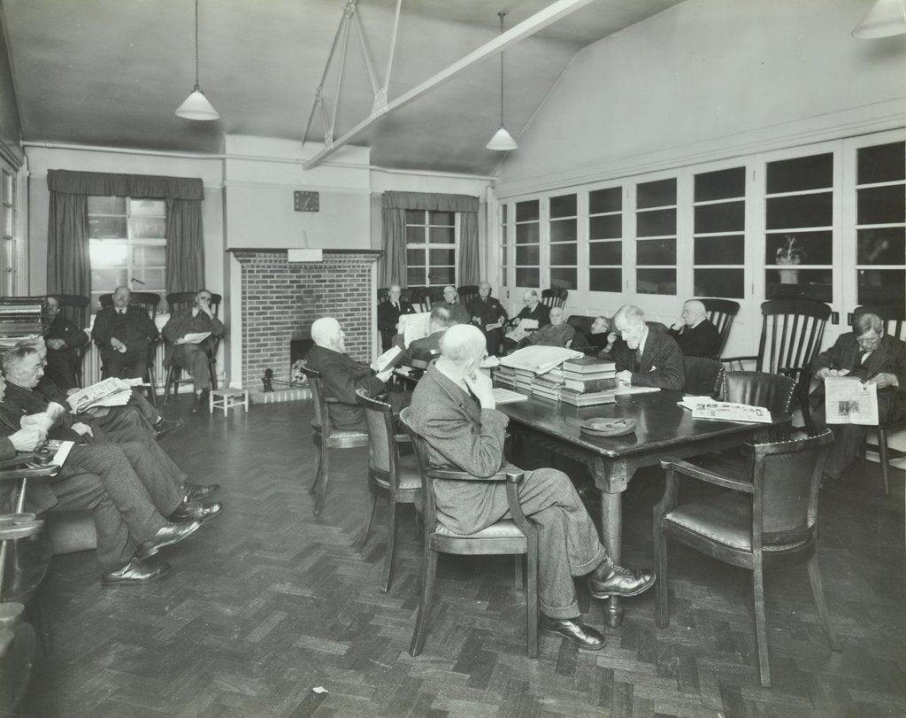 Detail of Men sitting in the library at Cedars Lodge old people's home, Wandsworth, London, 1939 by Unknown