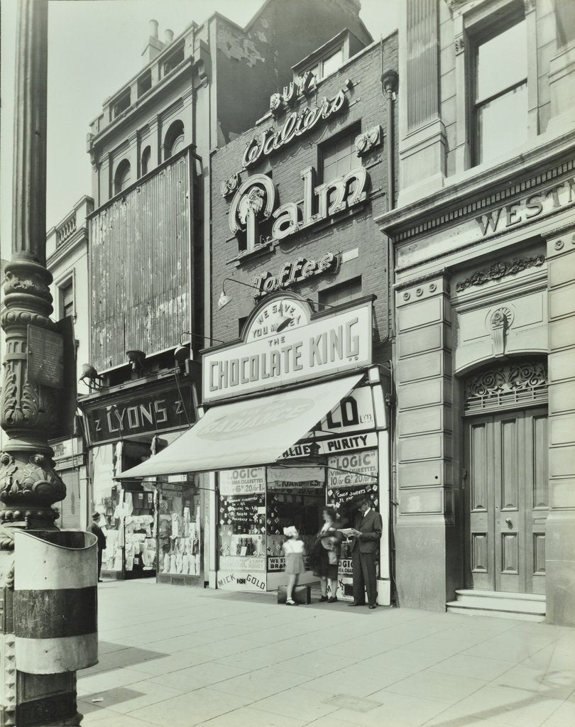 Detail of 'Chocolate King' sweetshop, Upper Street, Islington, London, 1944 by Unknown