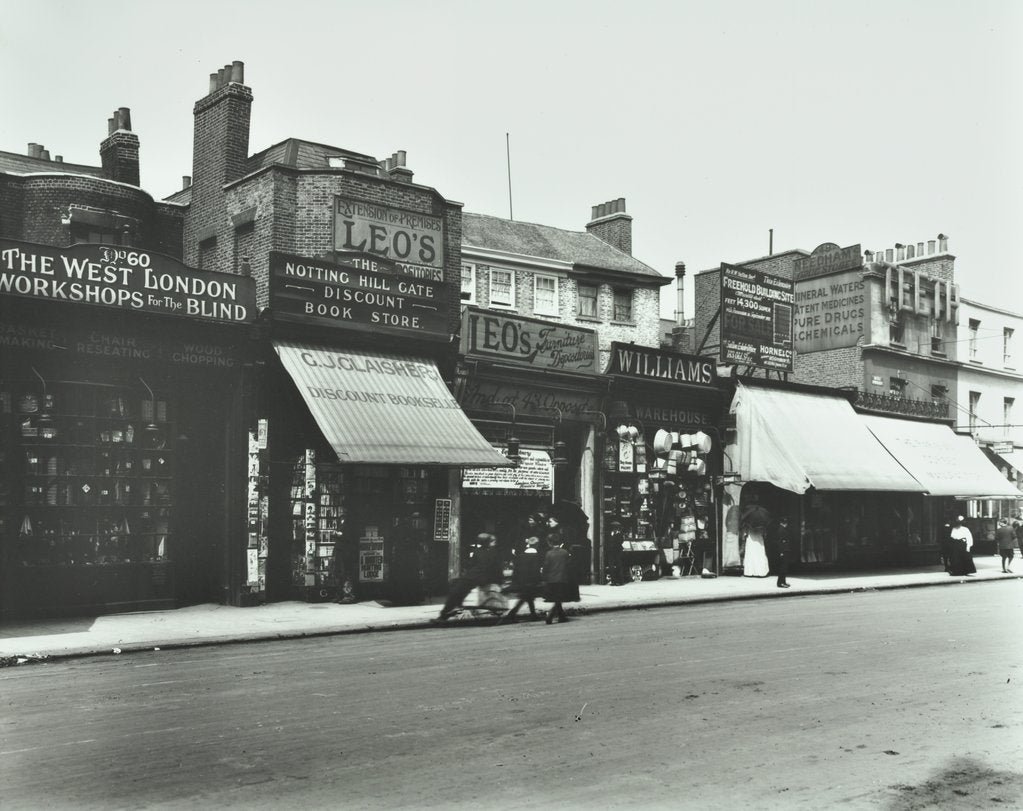 Detail of Row of shops including the West London Workshops for the Blind, London, 1913 by Unknown