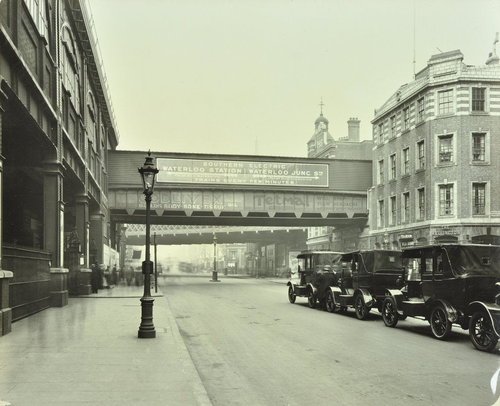 Detail of Cabs waiting outside Waterloo Station, Lambeth, London, 1930 by Unknown