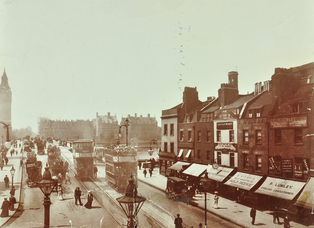 Detail of Double-decker electric trams on Westminster Bridge, London, 1906 by Unknown