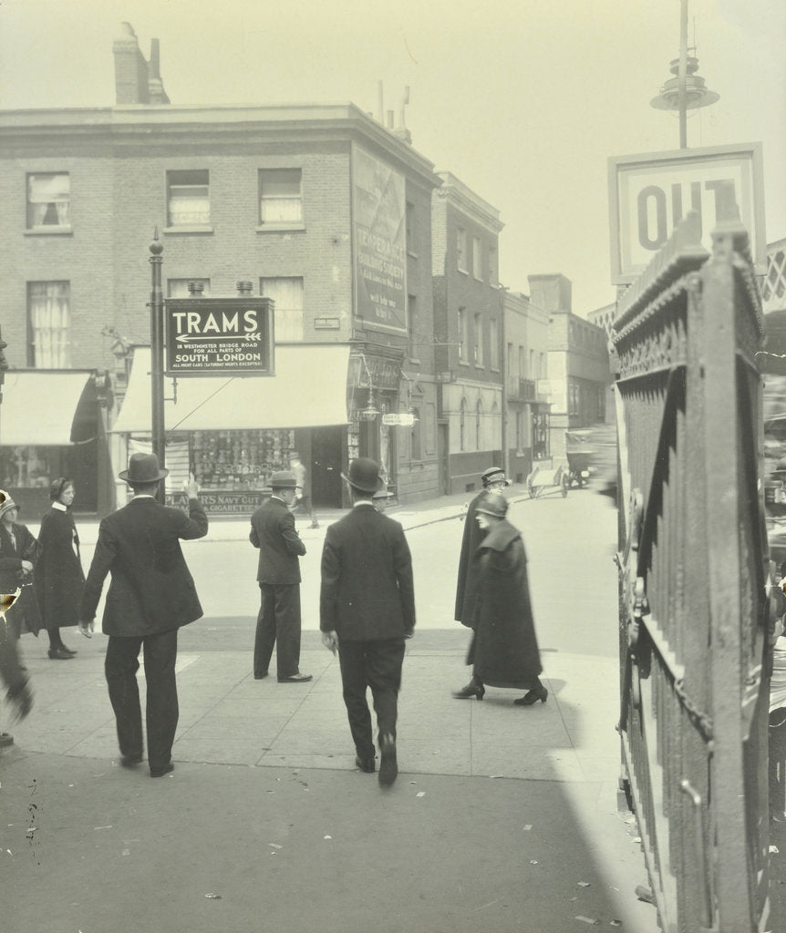 Detail of Pedestrians and tram sign outside Waterloo Station, Lambeth, London, 1929 by Unknown