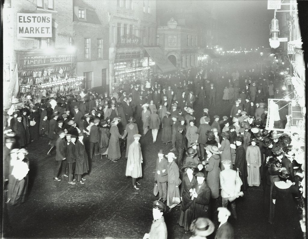 Detail of Crowds in Deptford High Street shopping after dark, London, 1913 by Unknown