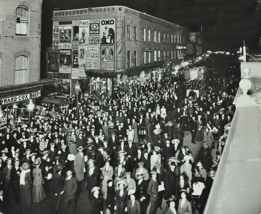 Detail of Crowds of shoppers in Rye Lane at night, Peckham, London, 1913 by Unknown