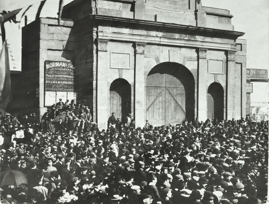 Detail of Crowd outside the closed East India Dock Gates, Poplar, London, 1897 by Unknown