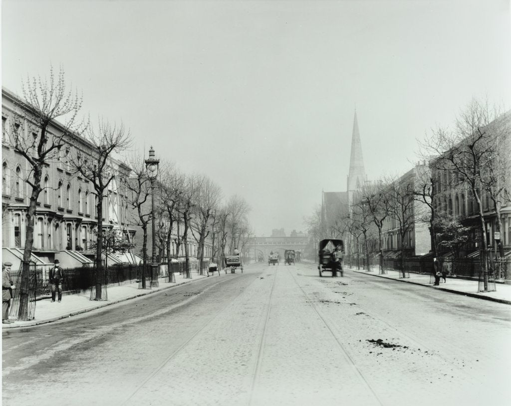 Detail of Broad tree-lined street with tramlines, Burdett Road, Stepney, London, 1912 by Unknown