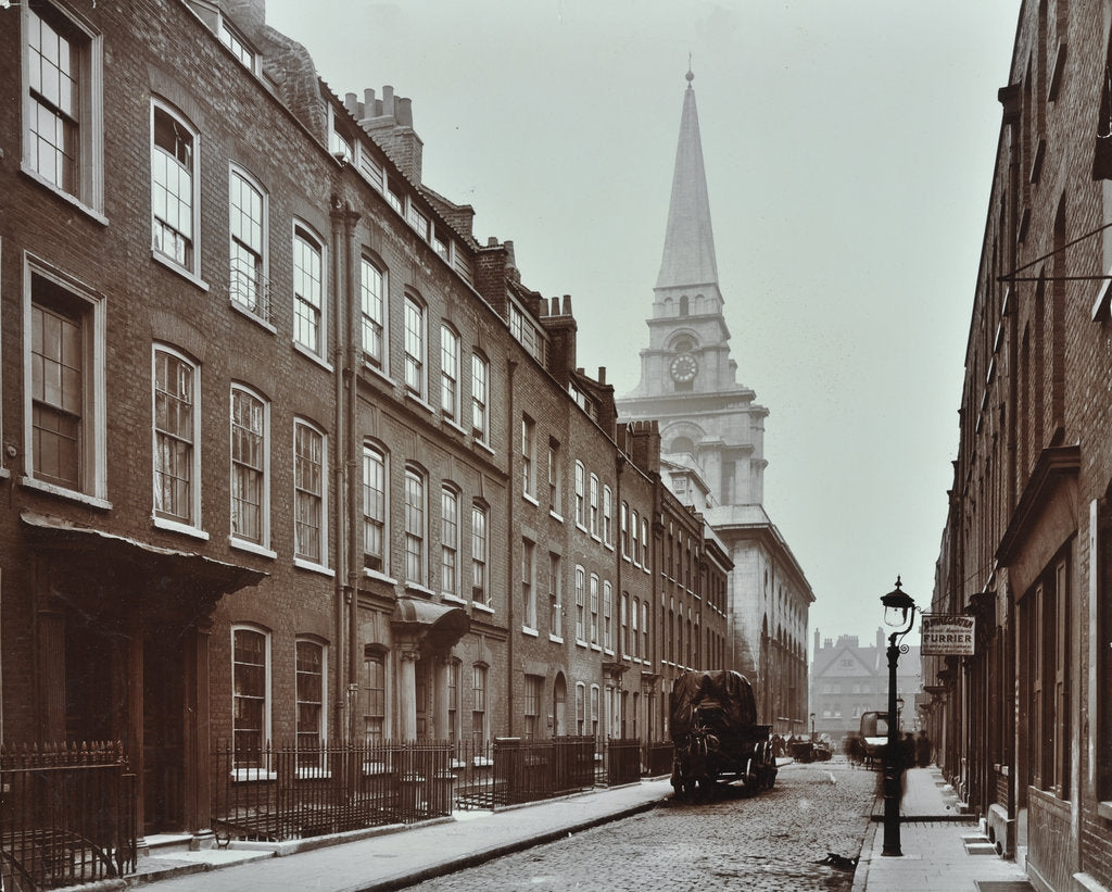 Detail of Georgian terraced houses and Christ Church, Spitalfields, Stepney, London, 1909 by Unknown