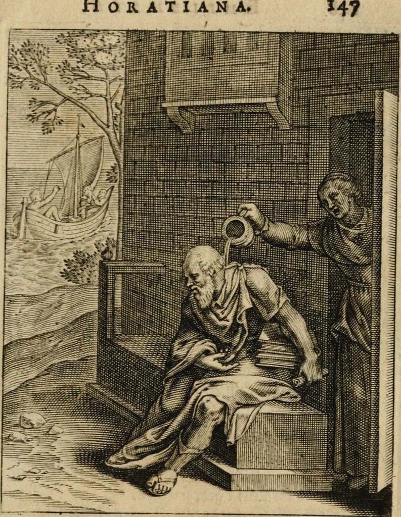 Detail of Xanthippe emptying a chamber pot over Socrates. (From Emblemata Horatiana), 1607 by Otto van Veen