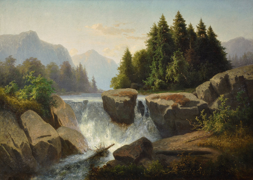 Detail of Mountain landscape with waterfall, c. 1853 by Adolf Kosárek