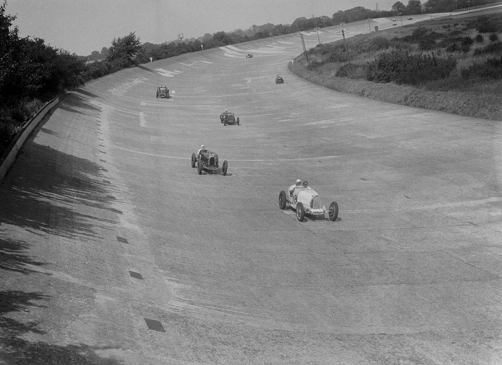 Detail of Bugatti T37s of Eileen Ellison and S Smith on Byfleet Banking, BARC meeting, Brooklands, 1933 by Bill Brunell