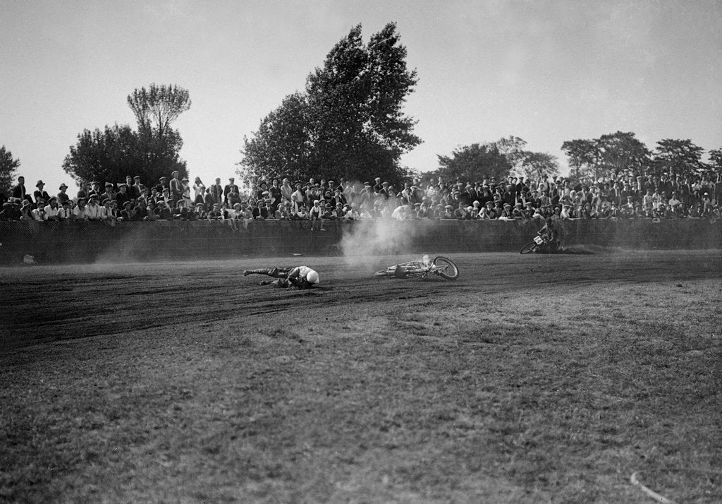 Detail of Fallen rider in a speedway race at Lea Bridge Stadium, Leyton, London, 1928. by Bill Brunell