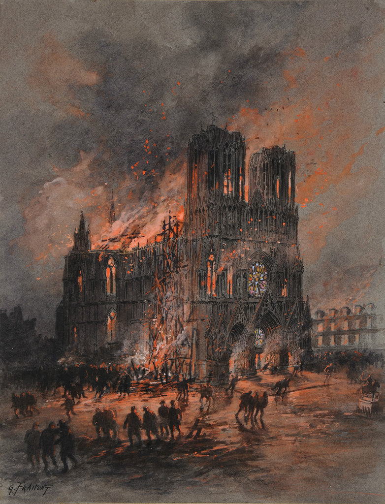 Detail of The burning Reims Cathedral, 1914-1915 by Anonymous