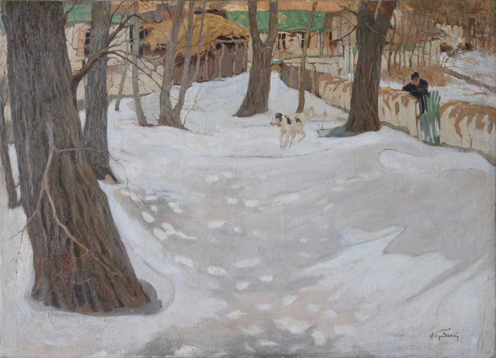 Detail of Winter Landscape with Small House and Dog by Anonymous