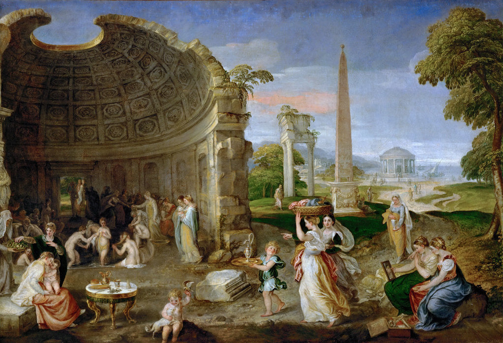 Detail of Landscape with antique ruins and bathing women by Anonymous