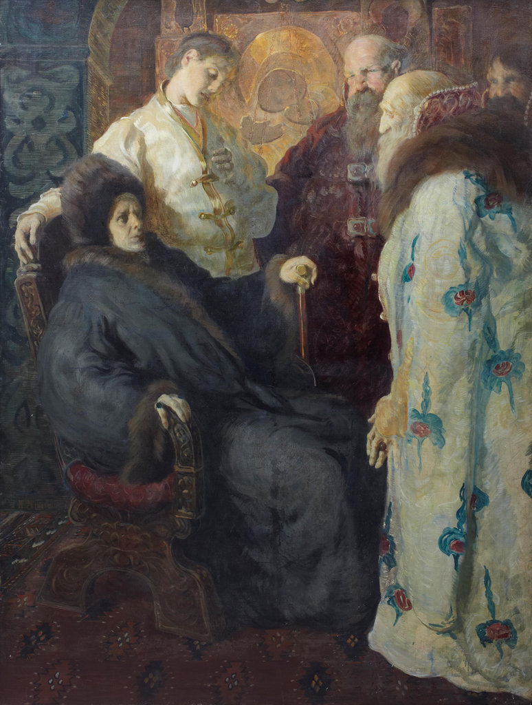 Detail of The ambassadors of the Zemsky Sobor trying to convince the nun Marfa that her son Mikhail Feodorovic by Anonymous