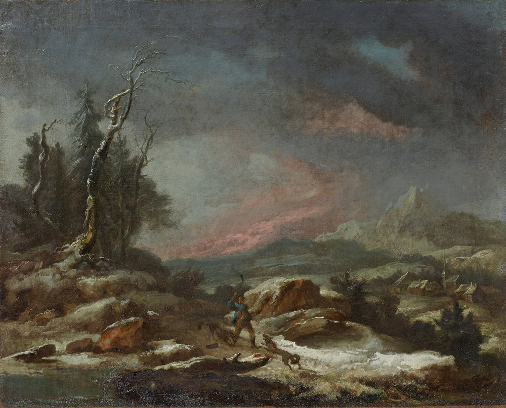 Detail of Winter landscape with a walker in the fight against wolves, 1771 by Anonymous