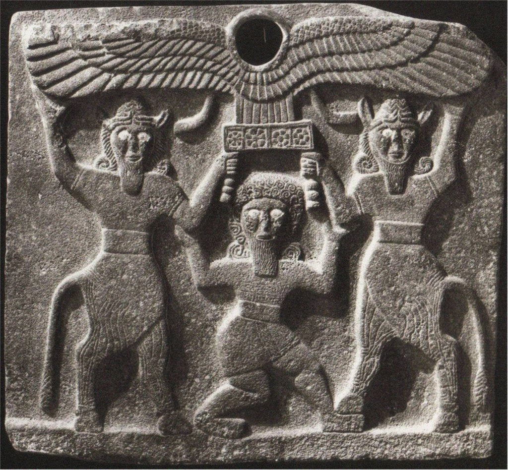 Detail of Orthostates depicting Gilgamesh between two minotaur demigods holding up the sun disc by Anonymous