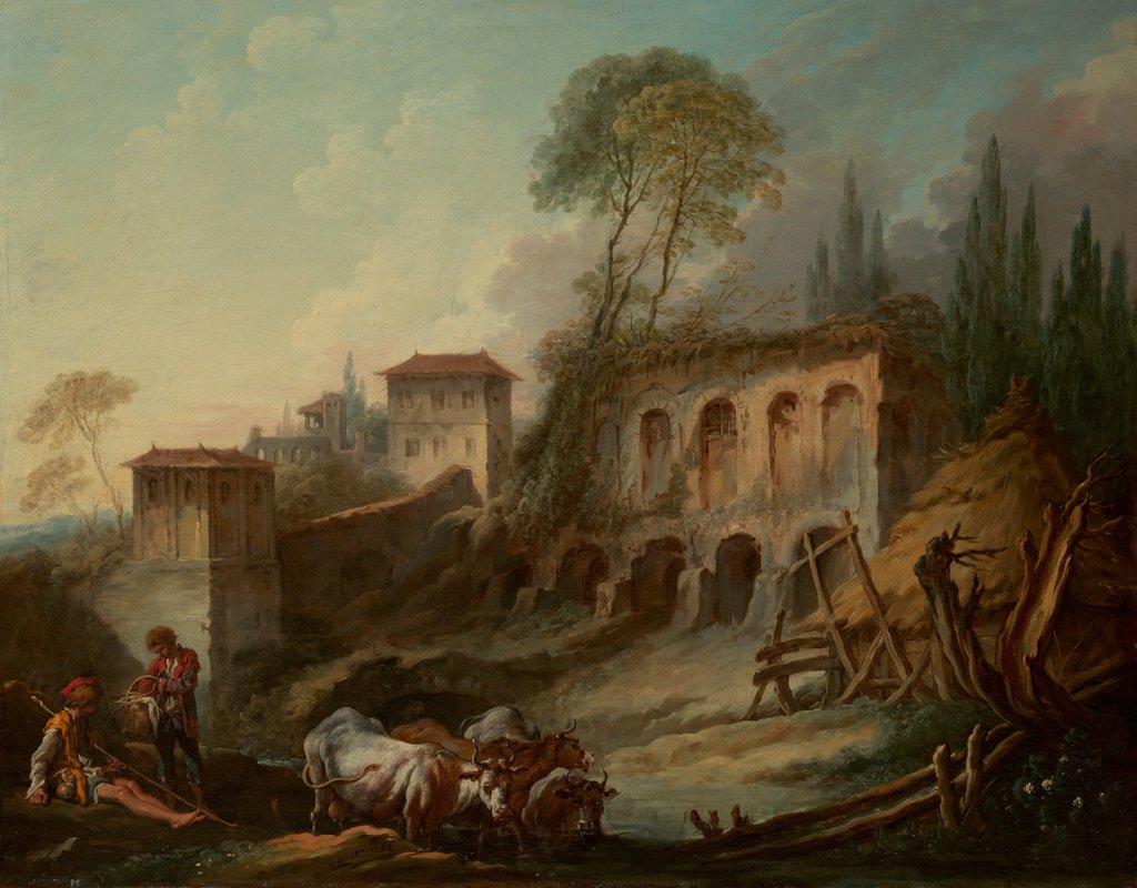 Detail of Imaginary Landscape with the Palatine Hill from Campo Vaccino, 1734 by Francois Boucher