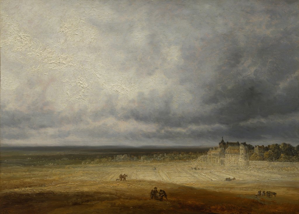 Detail of Landscape with a Plowed Field and a Village, probably after 1827 by Georges Michel