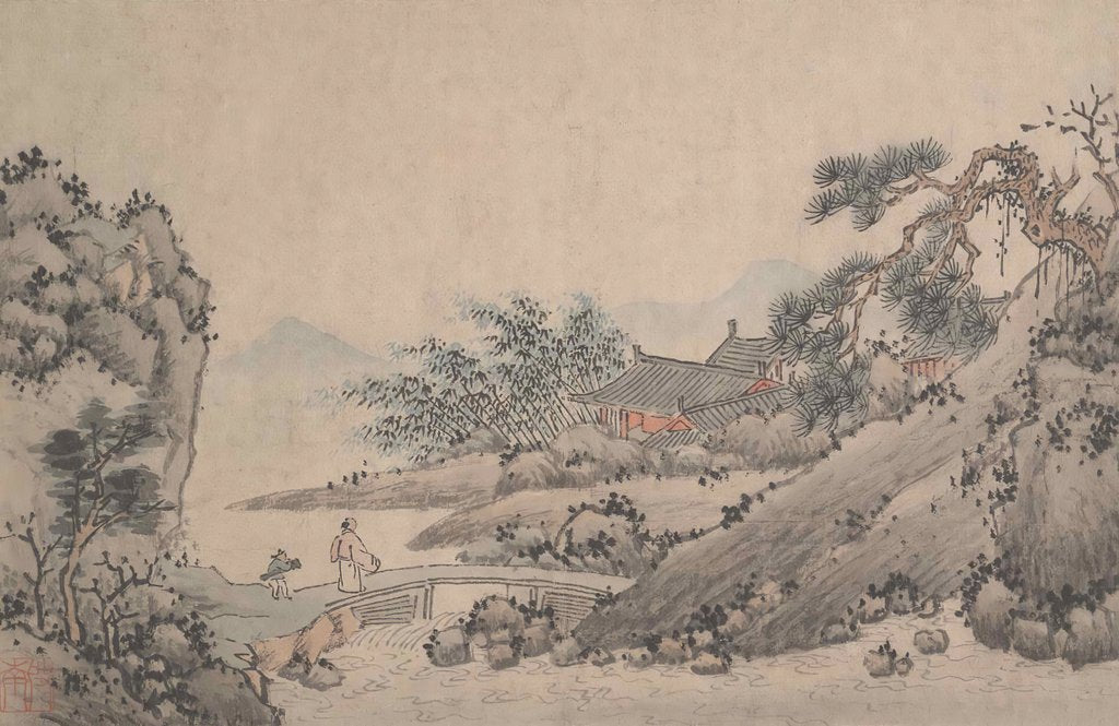 Detail of Landscape with Man Crossing Bridge by Shen Zhou