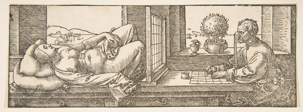 Detail of Draughtsman Making a Perspective Drawing of a Reclining Woman, ca. 1600 by Albrecht Dürer