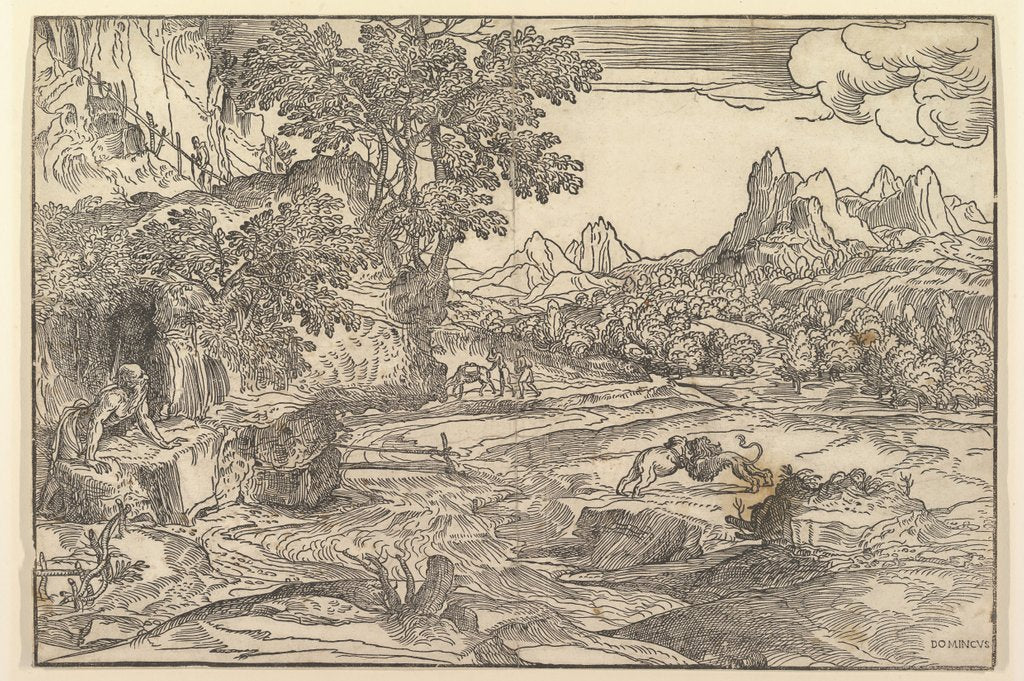 Detail of Landscape with Saint Jerome at left looking towards lion and bear fighting at cente…, ca. 1530-35 by Domenico Campagnola