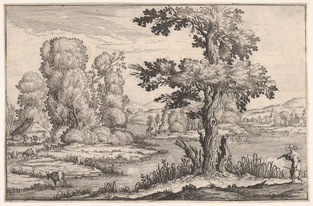 Detail of Landscape with goats grazing near a river and a figure in the right foreground, from a ser…, 1638 by Ercole Bazicaluva