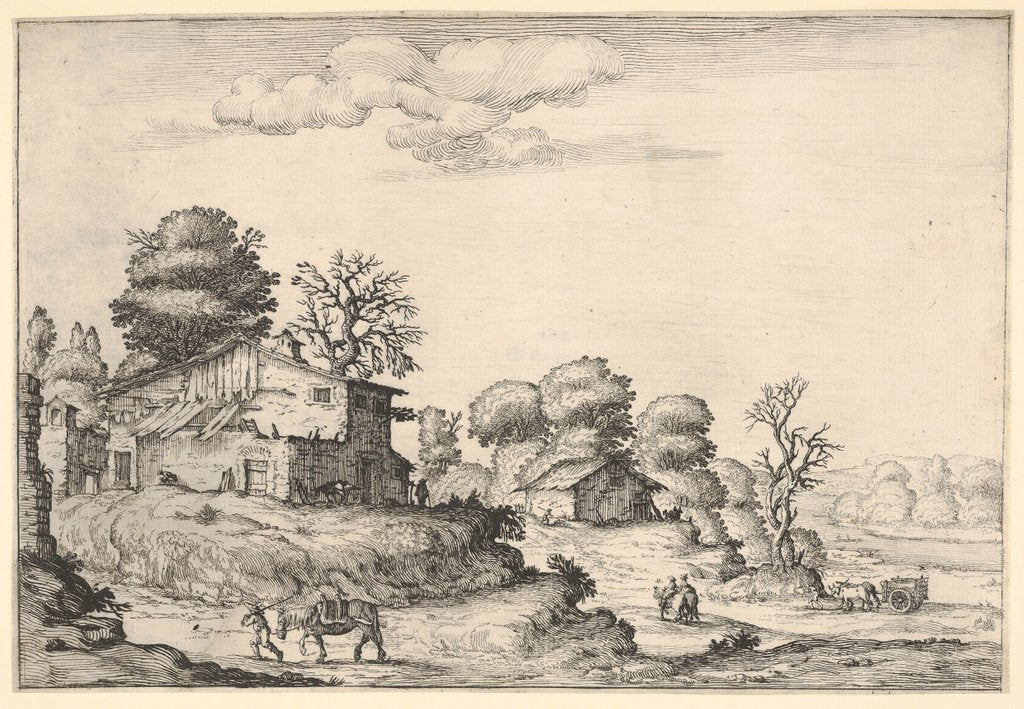 Detail of Landscape with peasant dwellings and a man leading a horse in the left foreground, from a …, 1638 by Ercole Bazicaluva