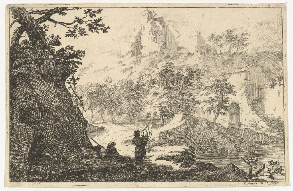 Detail of Landscape with Ruins of a Castle on a Hill, early 18th century by Jan Smees